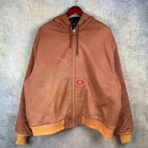 Vintage 90s Dickies Work Jacket Mens 2XL Hooded Quilted Lined Tan Brown Full Zip